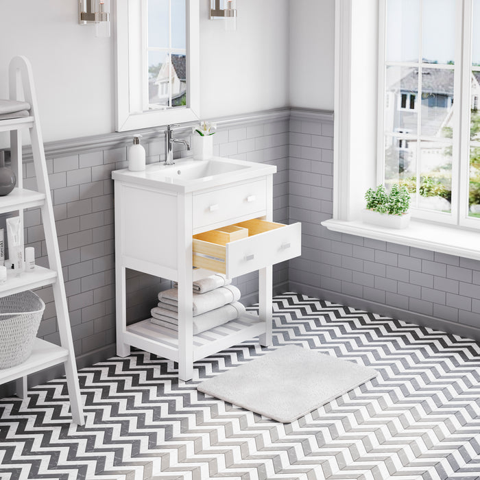 24 Inch Amani White Bathroom Vanity - Ceramic Integrated Sink Top with Soft Close Hardware