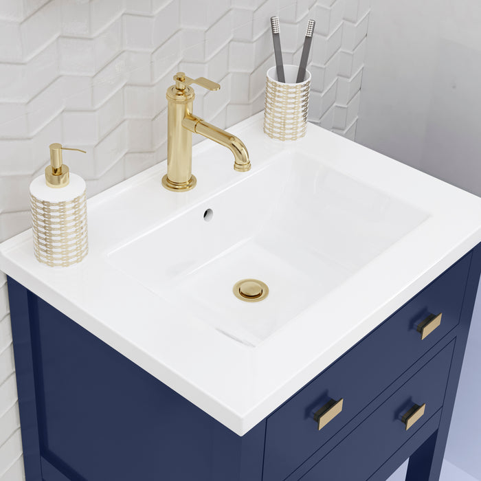 24-Inch Sonnet Ceramic Integrated Sink Vanity in Monarch Blue with Satin Gold Hardware