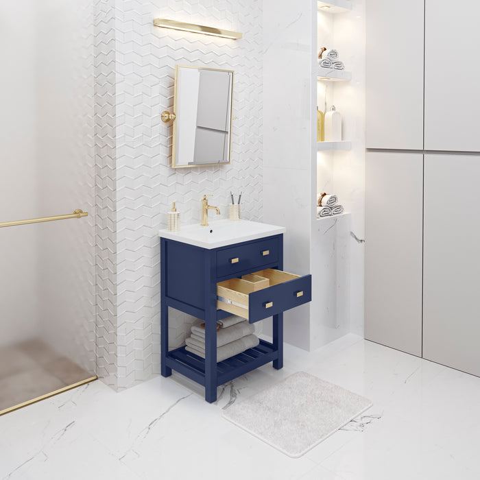 24-Inch Sonnet Ceramic Integrated Sink Vanity in Monarch Blue with Satin Gold Hardware