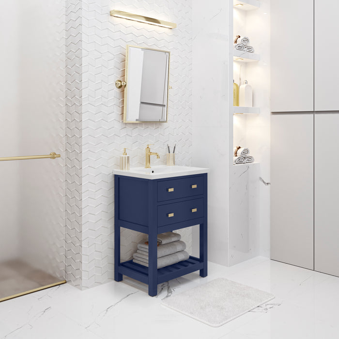 24-Inch Solace Ceramic Top Bathroom Vanity Monarch Blue Soft Close Drawer Integrated Sink