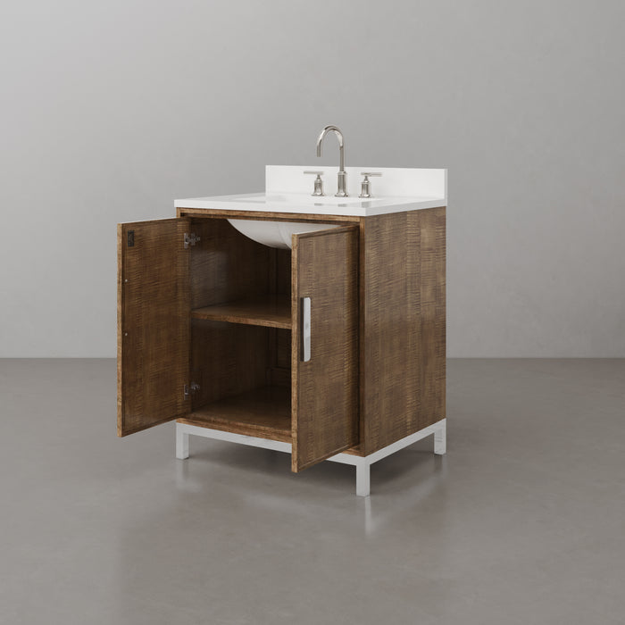 30-Inch Serene Single Sink Vanity - Lustrous Walnut Wood with Whitebrook Quartz Top & Chrome Faucet