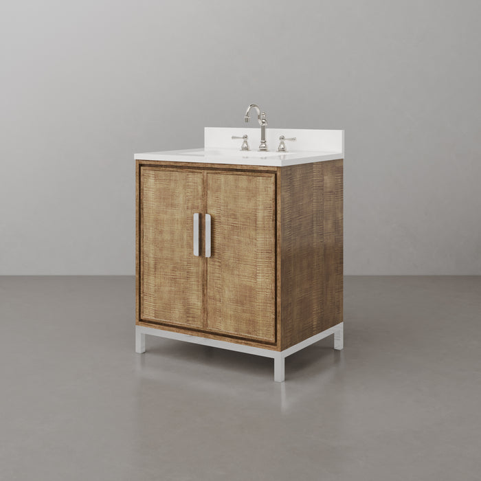 30-Inch Solara Whitebrook Quartz Vanity - Lustrous Walnut Single Sink Bathroom Cabinet with Chrome Faucet