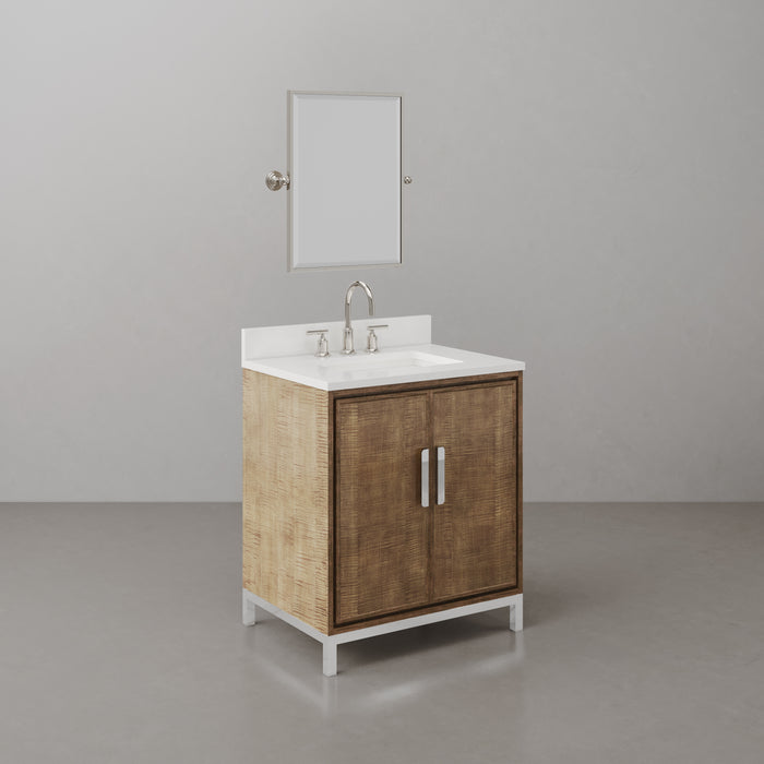 30-Inch Aspect Bathroom Vanity - Lustrous Walnut Wood with Whitebrook Quartz Top, Chrome Gooseneck Faucet & Mirror