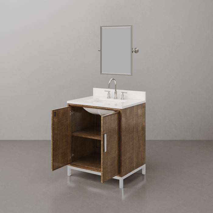 30-Inch Aspect Bathroom Vanity - Lustrous Walnut Wood with Whitebrook Quartz Top, Chrome Gooseneck Faucet & Mirror