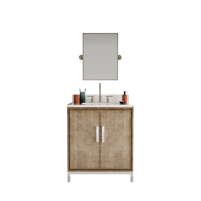 30-Inch Aspect Bathroom Vanity - Lustrous Walnut Wood with Whitebrook Quartz Top, Chrome Gooseneck Faucet & Mirror