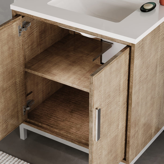 30-Inch Whitebrook Quartz Thera Bathroom Vanity in Lustrous Walnut with Undermount Sink and Mirror