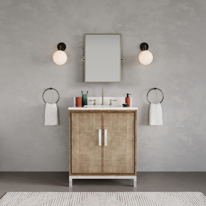 30-Inch Whitebrook Quartz Thera Bathroom Vanity in Lustrous Walnut with Undermount Sink and Mirror