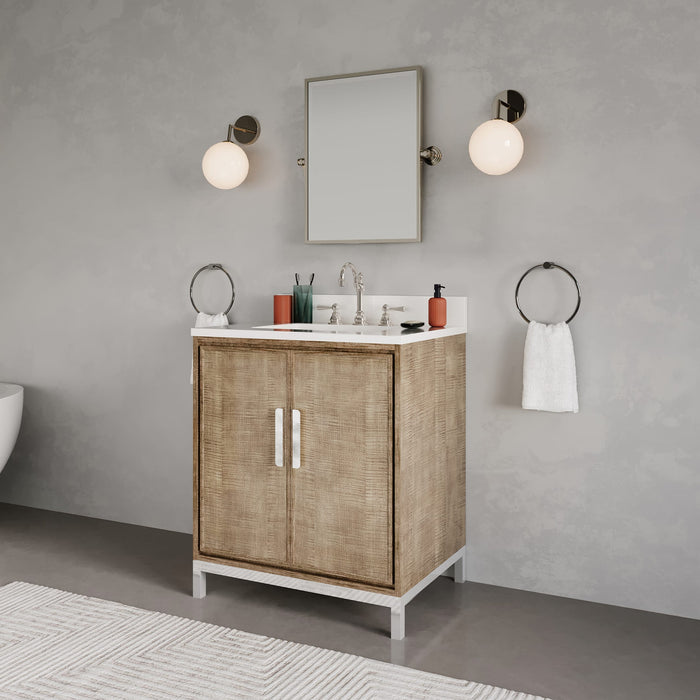 30-Inch Whitebrook Quartz Thera Bathroom Vanity in Lustrous Walnut with Undermount Sink and Mirror