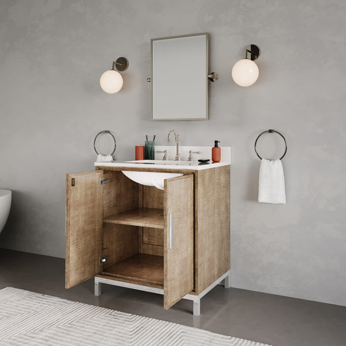 30-Inch Whitebrook Quartz Thera Bathroom Vanity in Lustrous Walnut with Undermount Sink and Mirror