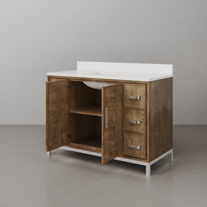 48-Inch Walnut Quartz Countertop Single Sink Vanity Sauve Contemporary Bathroom Cabinet with Undermount Sink & Mirror