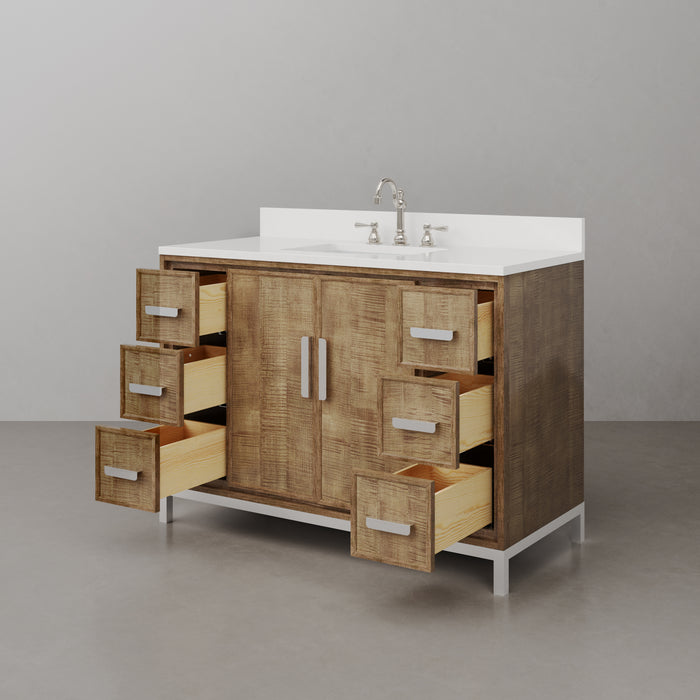 48-Inch Kaliah Lustrous Walnut Single Sink Bath Vanity with Whitebrook Quartz Countertop and Chrome Hook Faucet
