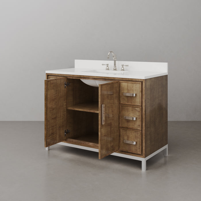 48-Inch Kaliah Lustrous Walnut Single Sink Bath Vanity with Whitebrook Quartz Countertop and Chrome Hook Faucet