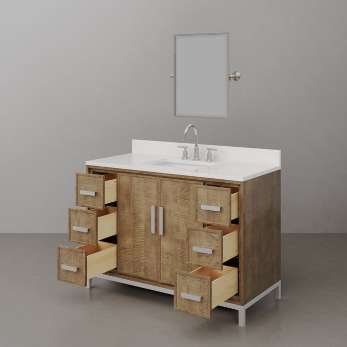 48 Inch Verity Whitebrook Quartz Bathroom Vanity in Lustrous Walnut - Single Undermount Sink with Chrome Gooseneck Faucet & Mirror