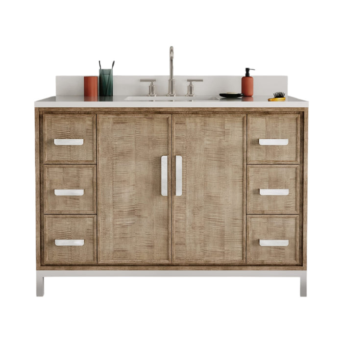 48-Inch Compose Lustrous Walnut Single Sink Bathroom Vanity with Whitebrook Quartz Countertop & Gooseneck Faucet