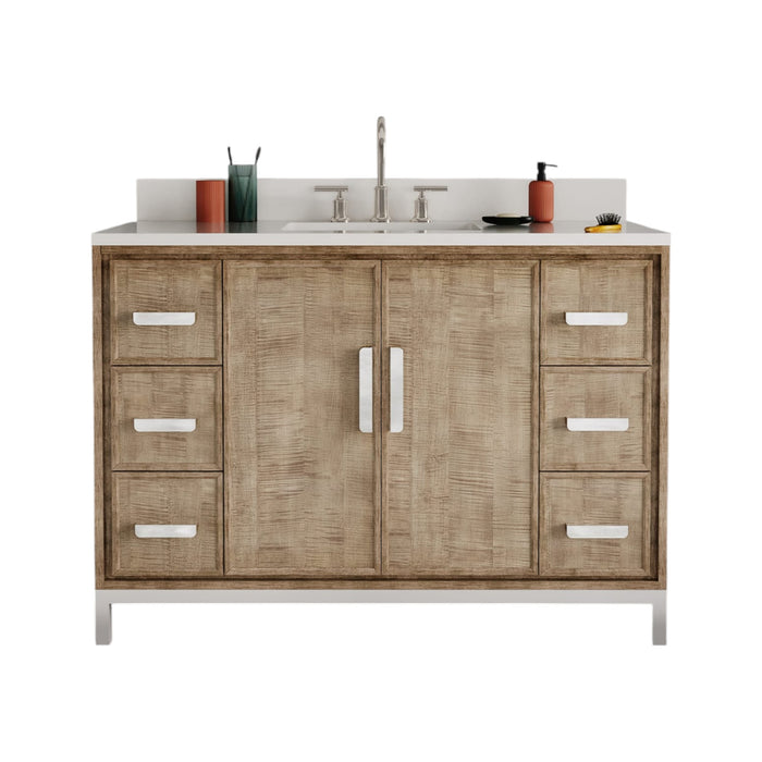 48-Inch Walnut Quartz Countertop Single Sink Vanity Sauve Contemporary Bathroom Cabinet with Undermount Sink & Mirror