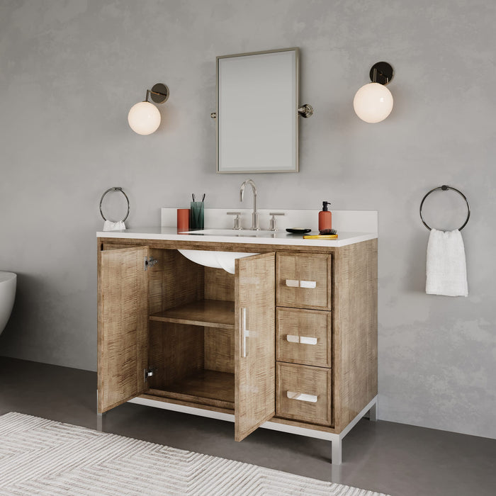 48-Inch Walnut Quartz Countertop Single Sink Vanity Sauve Contemporary Bathroom Cabinet with Undermount Sink & Mirror