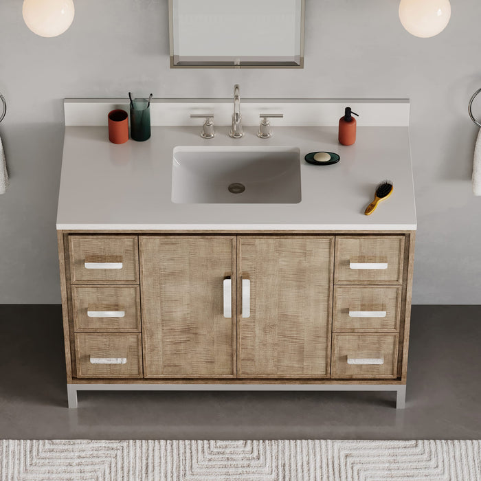 48-Inch Compose Lustrous Walnut Single Sink Bathroom Vanity with Whitebrook Quartz Countertop & Gooseneck Faucet