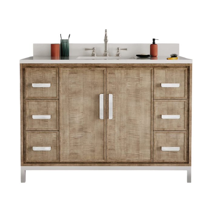 48-Inch Kaliah Lustrous Walnut Single Sink Bath Vanity with Whitebrook Quartz Countertop and Chrome Hook Faucet