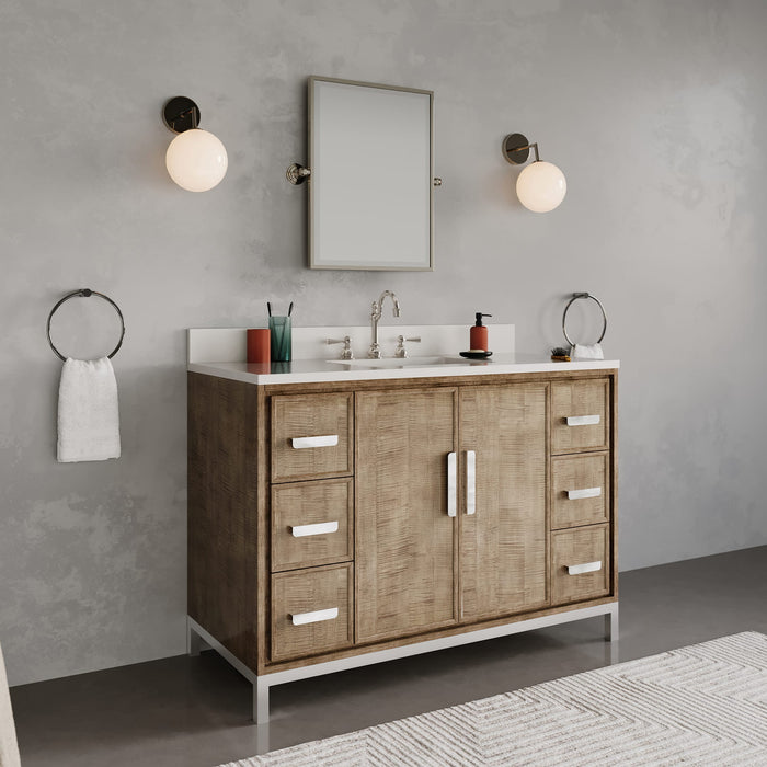 48-Inch Kaliah Lustrous Walnut Single Sink Bath Vanity with Whitebrook Quartz Countertop and Chrome Hook Faucet