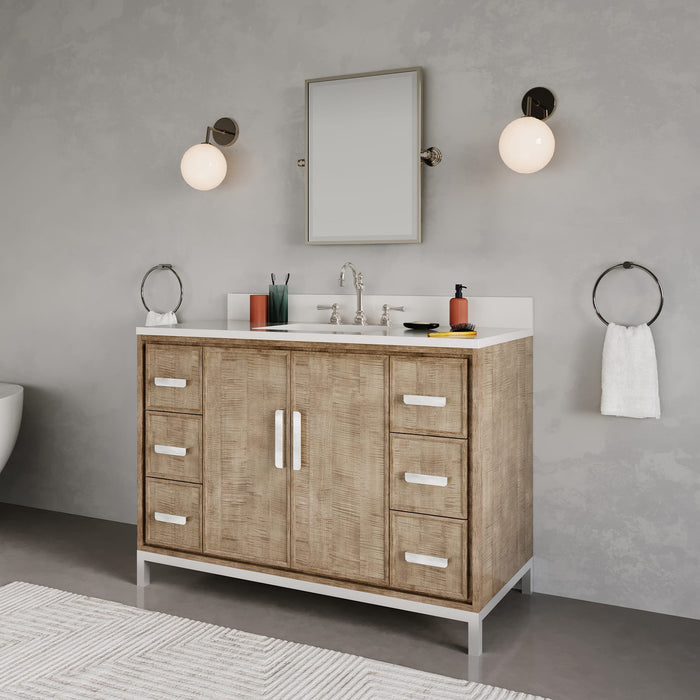 48-Inch Kaliah Lustrous Walnut Single Sink Bath Vanity with Whitebrook Quartz Countertop and Chrome Hook Faucet