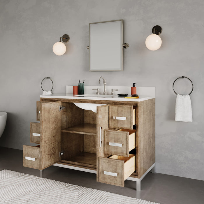 48-Inch Single Sink Tecton Quartz Vanity Contemporary Walnut Finish Complete with Faucet Mirror
