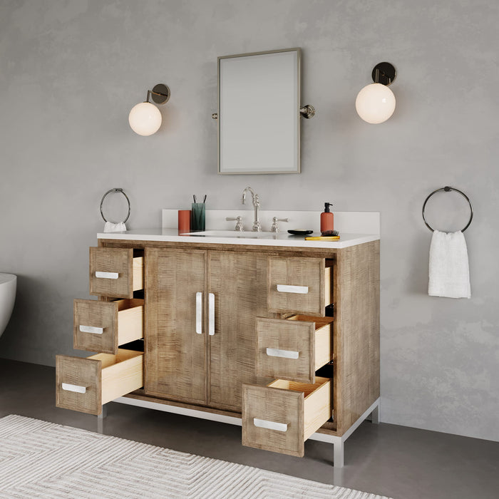 48-Inch Kaliah Lustrous Walnut Single Sink Bath Vanity with Whitebrook Quartz Countertop and Chrome Hook Faucet