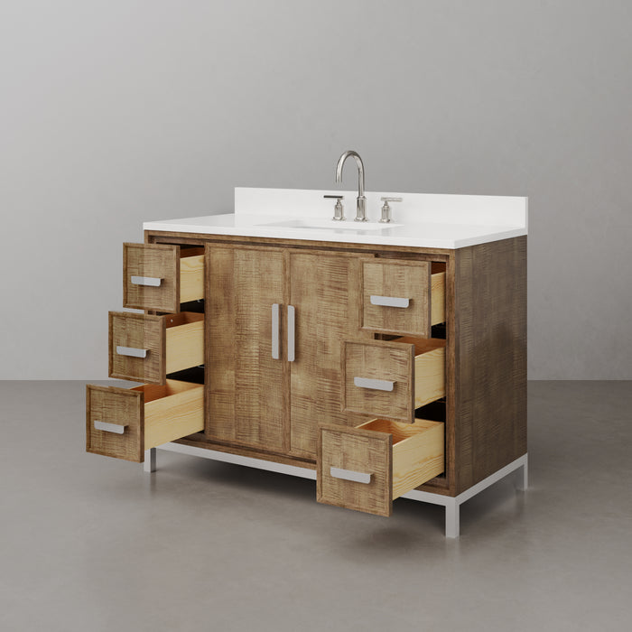 48-Inch Compose Lustrous Walnut Single Sink Bathroom Vanity with Whitebrook Quartz Countertop & Gooseneck Faucet