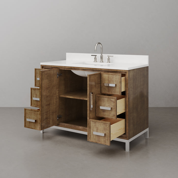 48-Inch Compose Lustrous Walnut Single Sink Bathroom Vanity with Whitebrook Quartz Countertop & Gooseneck Faucet