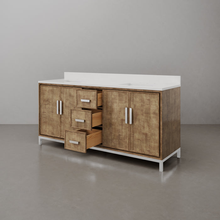 72-Inch Whitebrook Quartz Esme Double Sink Bathroom Vanity with Lustrous Walnut Finish and Undermount Sinks