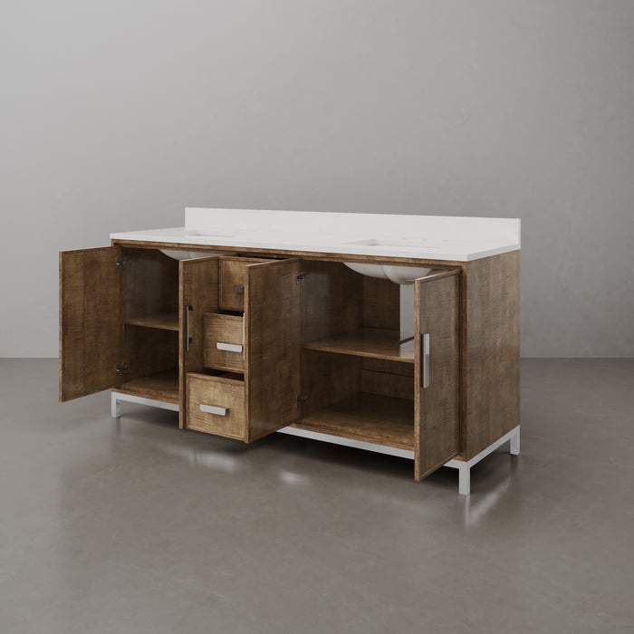 72-Inch Whitebrook Quartz Esme Double Sink Bathroom Vanity with Lustrous Walnut Finish and Undermount Sinks