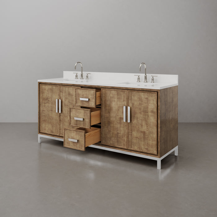 72-Inch Tridome Freestanding Bathroom Vanity - Lustrous Walnut with Whitebrook Quartz Top & Chrome Hardware