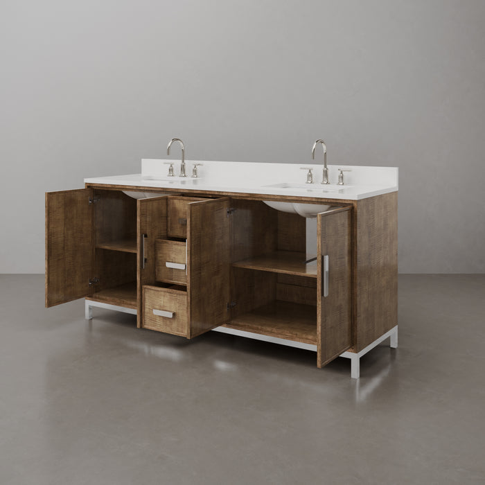 72-Inch Tridome Freestanding Bathroom Vanity - Lustrous Walnut with Whitebrook Quartz Top & Chrome Hardware