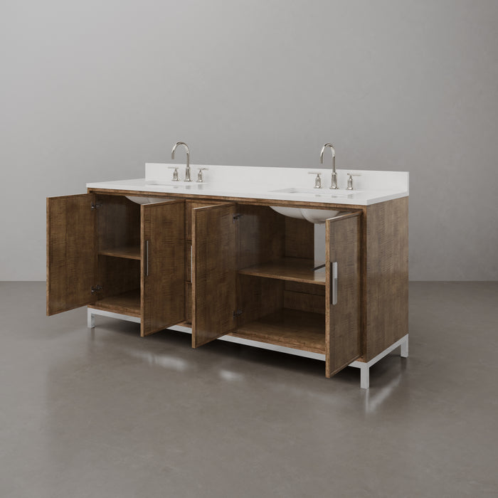 72-Inch Tridome Freestanding Bathroom Vanity - Lustrous Walnut with Whitebrook Quartz Top & Chrome Hardware