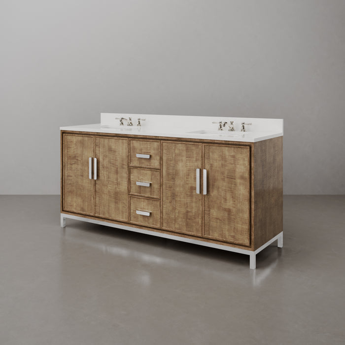 72-Inch Lustrous Walnut Twirl Double Sink Bathroom Vanity - Whitebrook Quartz Top with Chrome Faucets