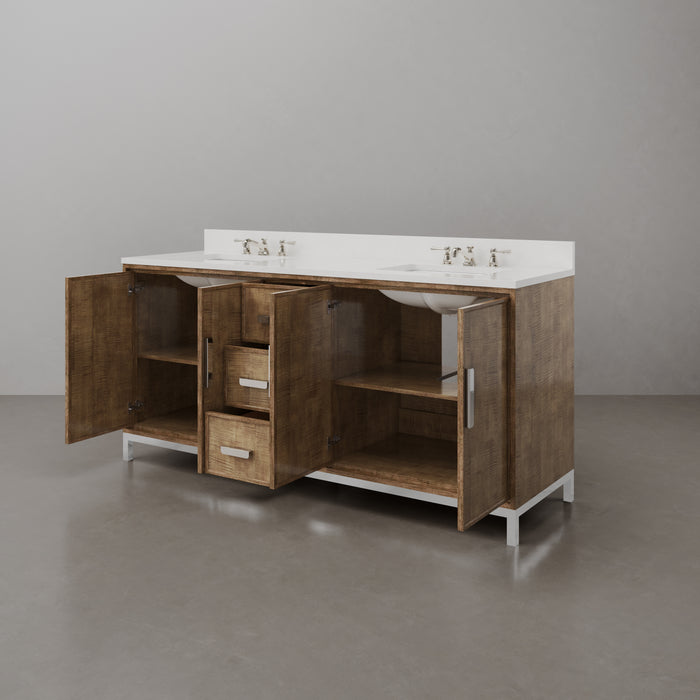 72-Inch Lustrous Walnut Twirl Double Sink Bathroom Vanity - Whitebrook Quartz Top with Chrome Faucets