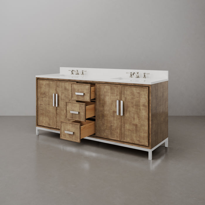 72-Inch Lustrous Walnut Twirl Double Sink Bathroom Vanity - Whitebrook Quartz Top with Chrome Faucets