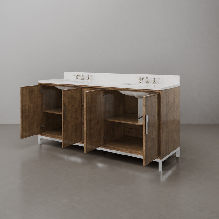 72-Inch Lustrous Walnut Twirl Double Sink Bathroom Vanity - Whitebrook Quartz Top with Chrome Faucets