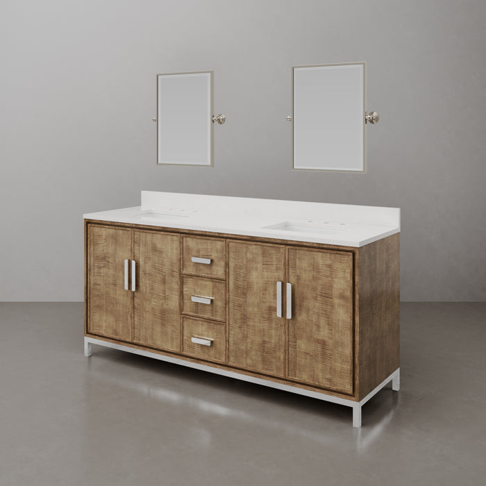 72-Inch Walnut Nera Double Sink Bathroom Vanity with Whitebrook Quartz Countertop and Mirror