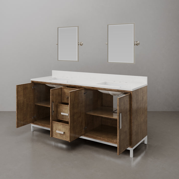 72-Inch Walnut Nera Double Sink Bathroom Vanity with Whitebrook Quartz Countertop and Mirror