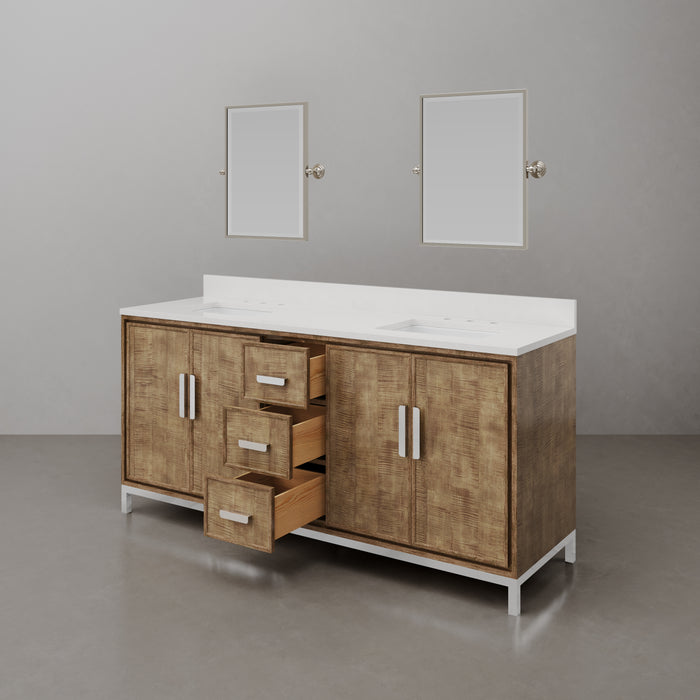 72-Inch Walnut Nera Double Sink Bathroom Vanity with Whitebrook Quartz Countertop and Mirror