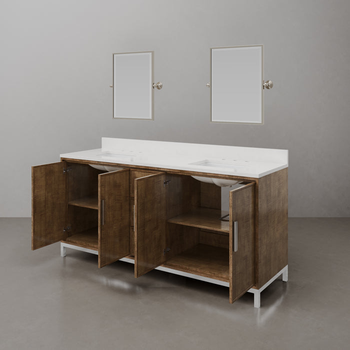 72-Inch Walnut Nera Double Sink Bathroom Vanity with Whitebrook Quartz Countertop and Mirror
