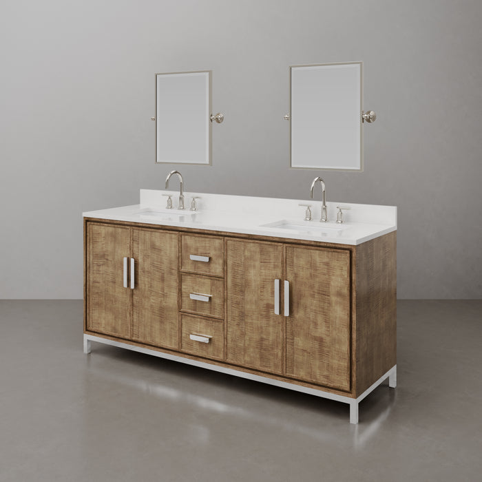 72-Inch Lustrous Walnut Terrace Double Sink Bathroom Vanity with Whitebrook Quartz Countertop and Gooseneck Faucets