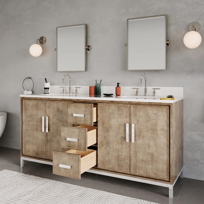 72-Inch Whitebrook Quartz Esme Double Sink Bathroom Vanity with Lustrous Walnut Finish and Undermount Sinks