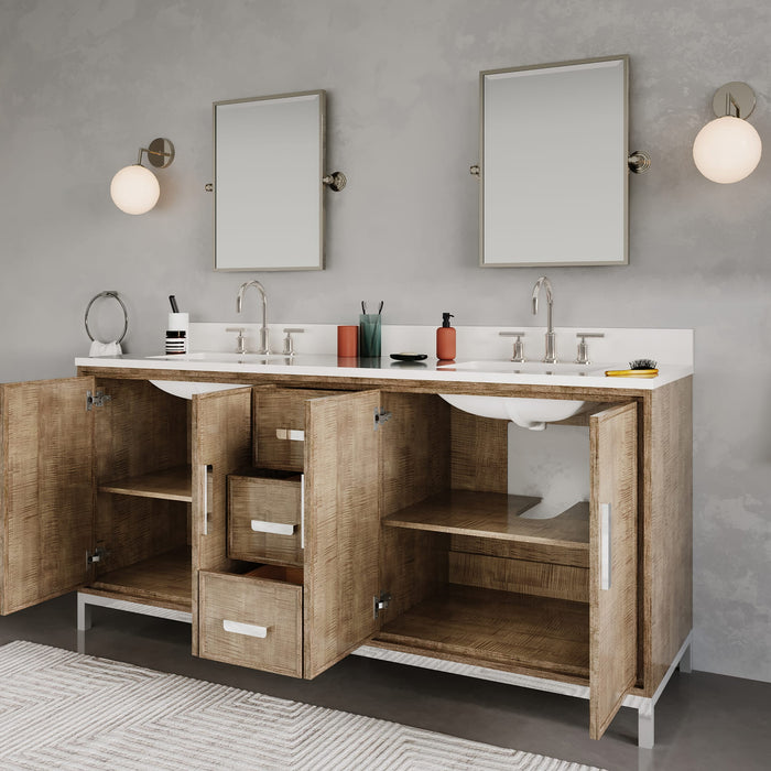 72-Inch Whitebrook Quartz Esme Double Sink Bathroom Vanity with Lustrous Walnut Finish and Undermount Sinks