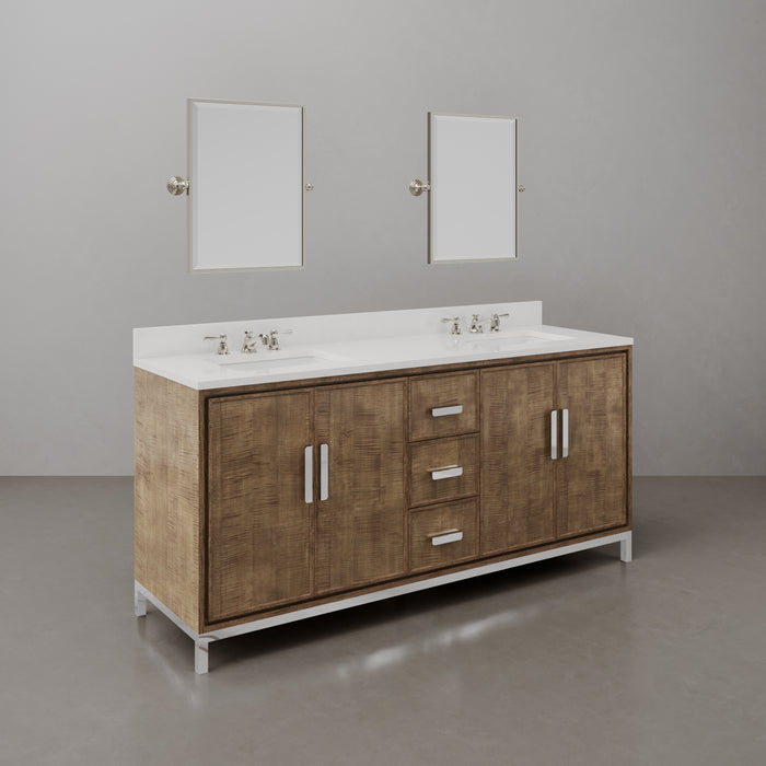 72-Inch Torian Double Sink Quartz Bathroom Vanity Set Lustrous Walnut with Mirror & Faucets