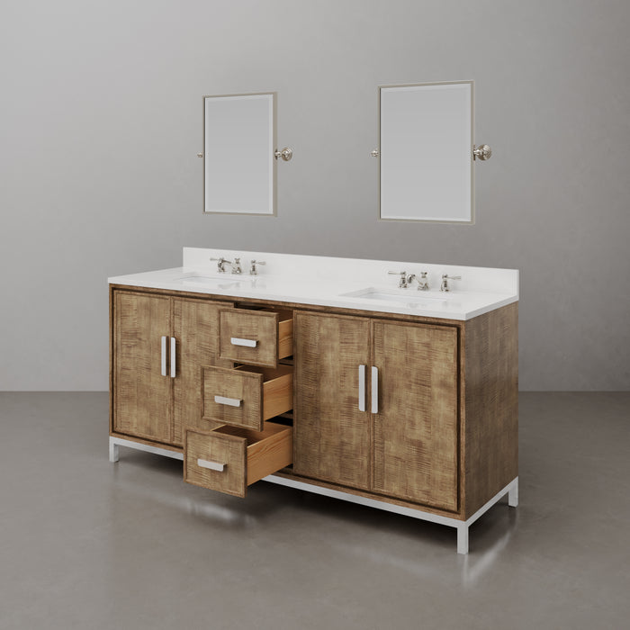 72-Inch Torian Double Sink Quartz Bathroom Vanity Set Lustrous Walnut with Mirror & Faucets
