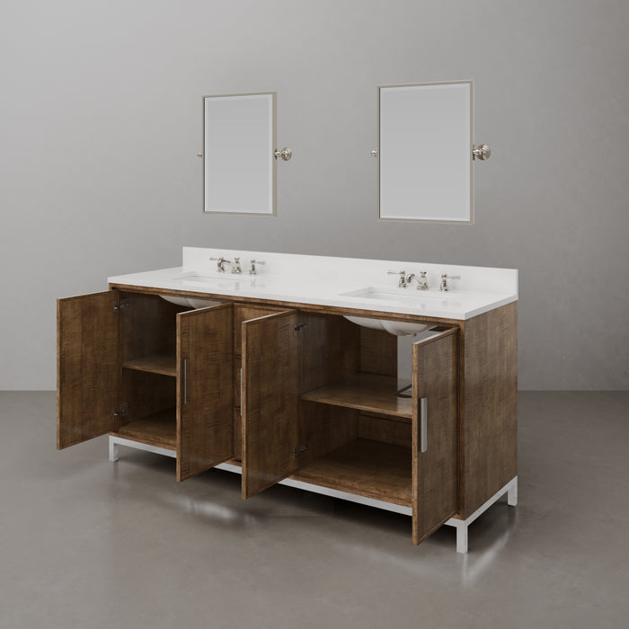 72-Inch Torian Double Sink Quartz Bathroom Vanity Set Lustrous Walnut with Mirror & Faucets
