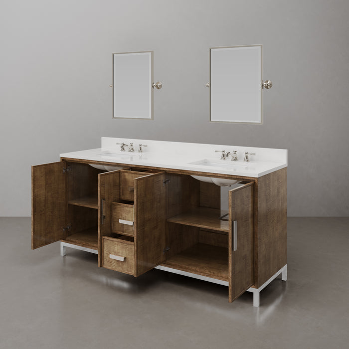 72-Inch Torian Double Sink Quartz Bathroom Vanity Set Lustrous Walnut with Mirror & Faucets