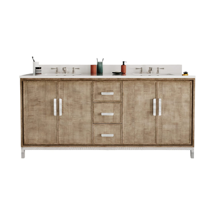 72-Inch Torian Double Sink Quartz Bathroom Vanity Set Lustrous Walnut with Mirror & Faucets