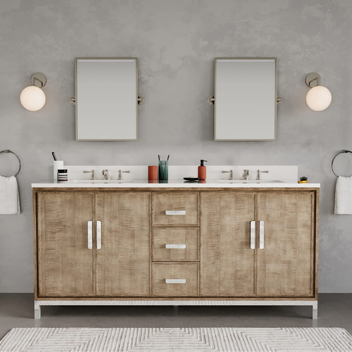 72-Inch Torian Double Sink Quartz Bathroom Vanity Set Lustrous Walnut with Mirror & Faucets